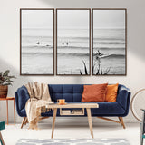 33821421-MGV-FC-48X32-3P_Walnut-Surfer Silhouette Wall Art Canvas Print, Framed Calm Ocean Art Picture Print, Monochrome Surf Perfect Minimalist Coastal Decor
