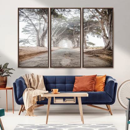 87090469-MGV-FC-48X32-3P_Walnut-Cypress Tunnel Wall Art Canvas Print, Framed Misty Road Art Picture Print, Foggy Trees Perfect Rustic Woodland Decor Artwork