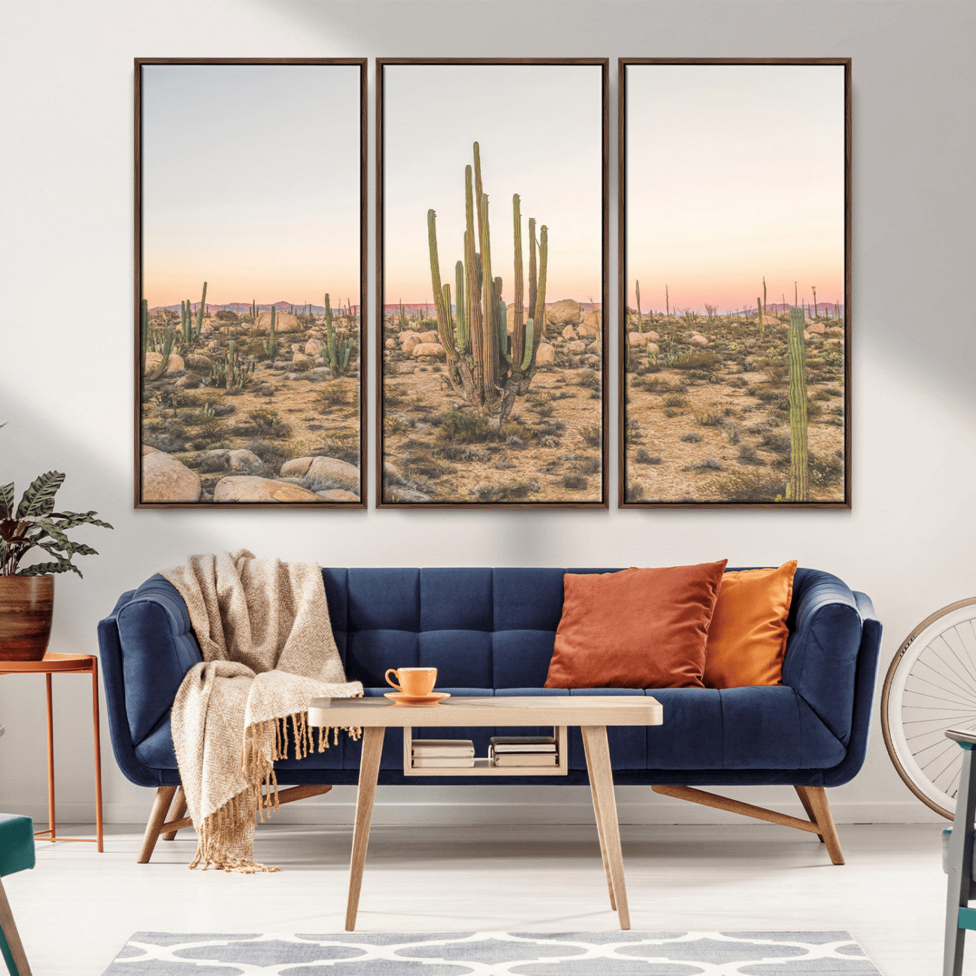 76234974-MGV-FC-48X32-3P_Walnut-Desert Cactus Wall Art Canvas Print, Framed Baja Desert Art Picture Print, Pastel Desert Perfect Southwestern Boho Decor Artwork