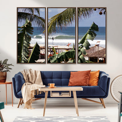 34722557-MGV-FC-48X32-3P_Walnut-Tropical Shoreline Wall Art Canvas Print, Framed Surfer Beach Art Picture Print, Coastal Surf Perfect Tropical Coastal Decor