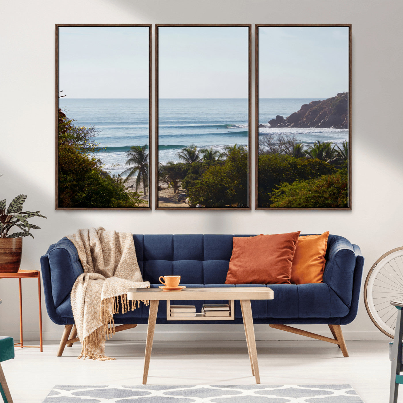 88336640-MGV-FC-48X32-3P_Walnut-Tropical Beach Scene Wall Art Canvas Print, Framed Coastal Photography Art Picture Print, Ocean Horizon Art Perfect Coastal Boho