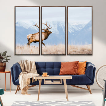 96024025-MGV-FC-48X32-3P_Walnut-Elk Photography Wall Art Canvas Print, Framed Mountain Wildlife Art Picture Print, Rustic Lodge Decor Perfect Rustic Lodge Decor