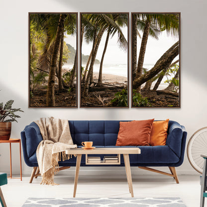 92093951-MGV-FC-48X32-3P_Walnut-Tropical Jungle Wall Art Canvas Print, Framed Palm Tree Forest Art Picture Print, Coastal Escape Perfect Jungle Retreat Decor