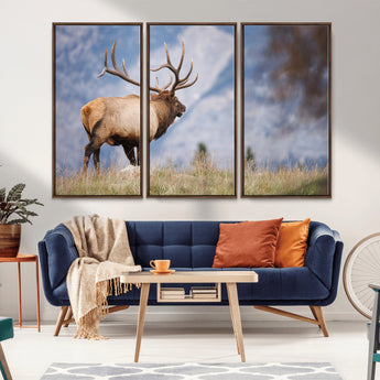 26365841-MGV-FC-48X32-3P_Walnut-Mountain Elk Art Wall Art Canvas Print, Framed Rustic Wildlife Print Art Picture Print, Lodge Style Decor Perfect Rustic Lodge
