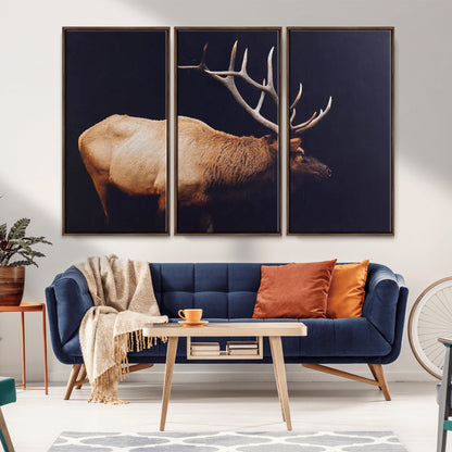 91871131-MGV-FC-48X32-3P_Walnut-Rustic Elk Art Wall Art Canvas Print, Framed Moody Wildlife Decor Art Picture Print, Western Animal Print Perfect Western Lodge