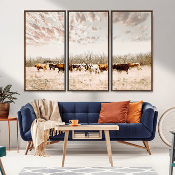 64892775-MGV-CV-36X24-Longhorn Cattle Wall Art Canvas Print, Framed Texas Ranch Art Picture Print, Western Cow Perfect Western Decor Artwork
