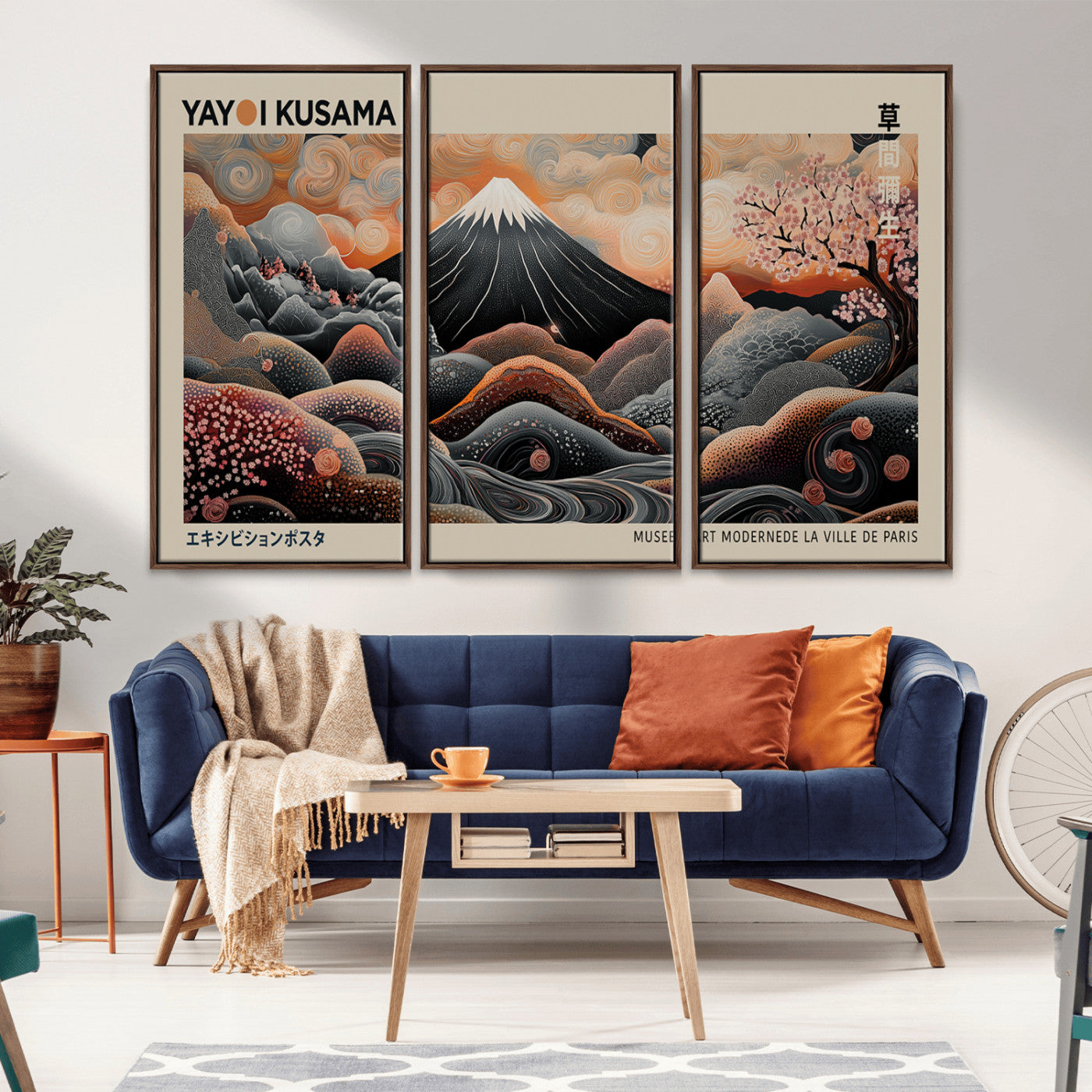 55739266-MGV-CV-36X24-Japanese Wall Art Print – Abstract Yayoi Kusama Inspired Dotted Landscape Poster, Surreal Oriental Mountain and Cherry Blossom