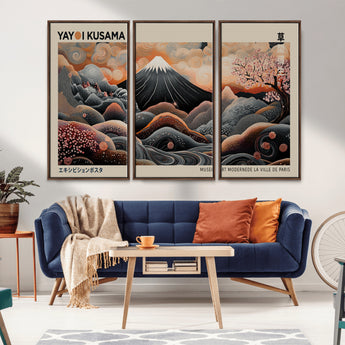 55739266-MGV-CV-36X24-Japanese Wall Art Print – Abstract Yayoi Kusama Inspired Dotted Landscape Poster, Surreal Oriental Mountain and Cherry Blossom