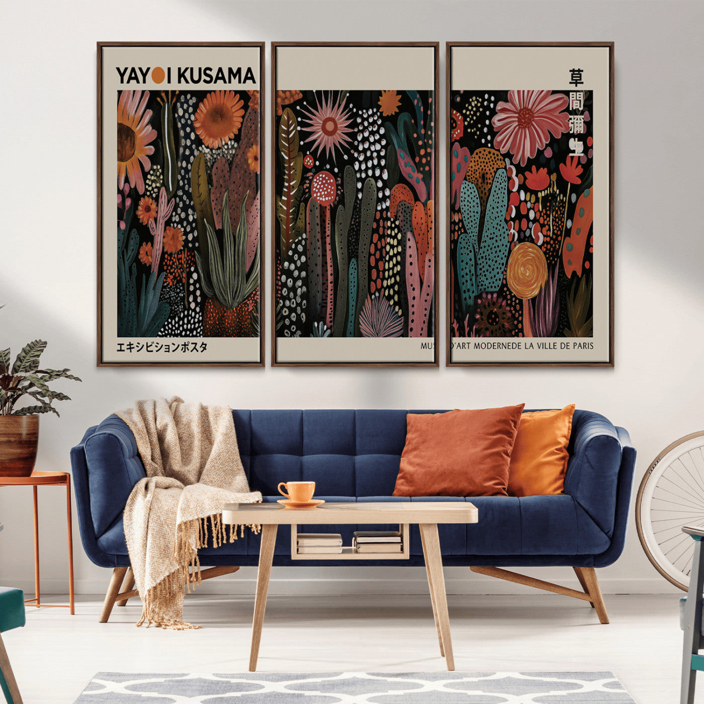 28344895-MGV-CV-36X24-Dark Floral Abstract Wall Art Poster – Modern Botanical Canvas Print with Beige Border, Kusama Inspired Boho Flower Painting,