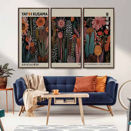 28344895-MGV-CV-36X24-Dark Floral Abstract Wall Art Poster – Modern Botanical Canvas Print with Beige Border, Kusama Inspired Boho Flower Painting,