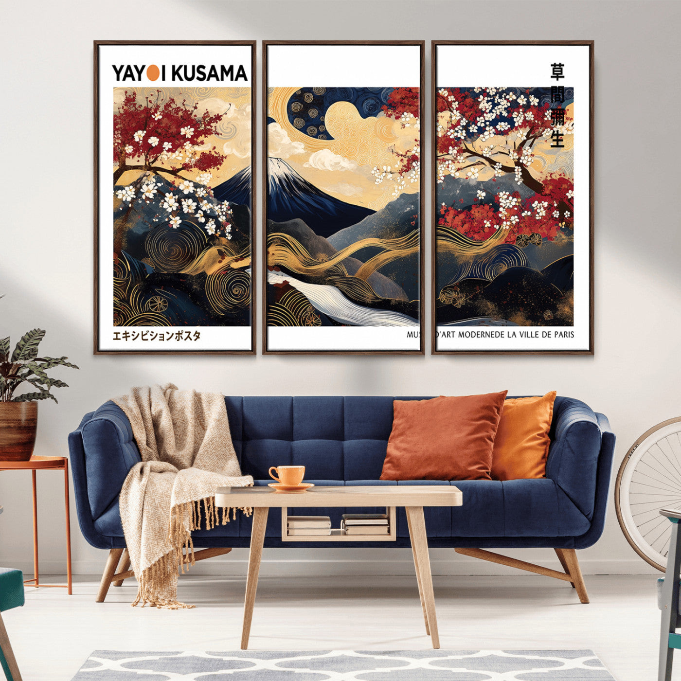 66243961-MGV-CV-36X24-Mount Fuji Japanese Wall Art – Golden Abstract Landscape Canvas Print, Cherry Blossom Painting, Modern Oriental Zen Home Decor