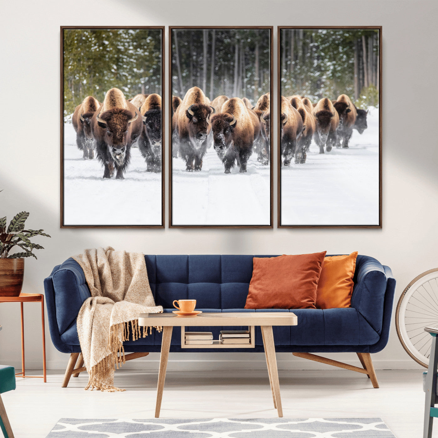22695857-MGV-FC-48X32-3P_Walnut-Bison Herd Scene Wall Art Canvas Print, Framed Western Wildlife Art Picture Print, Rustic Animal Art Perfect Rustic Lodge Decor