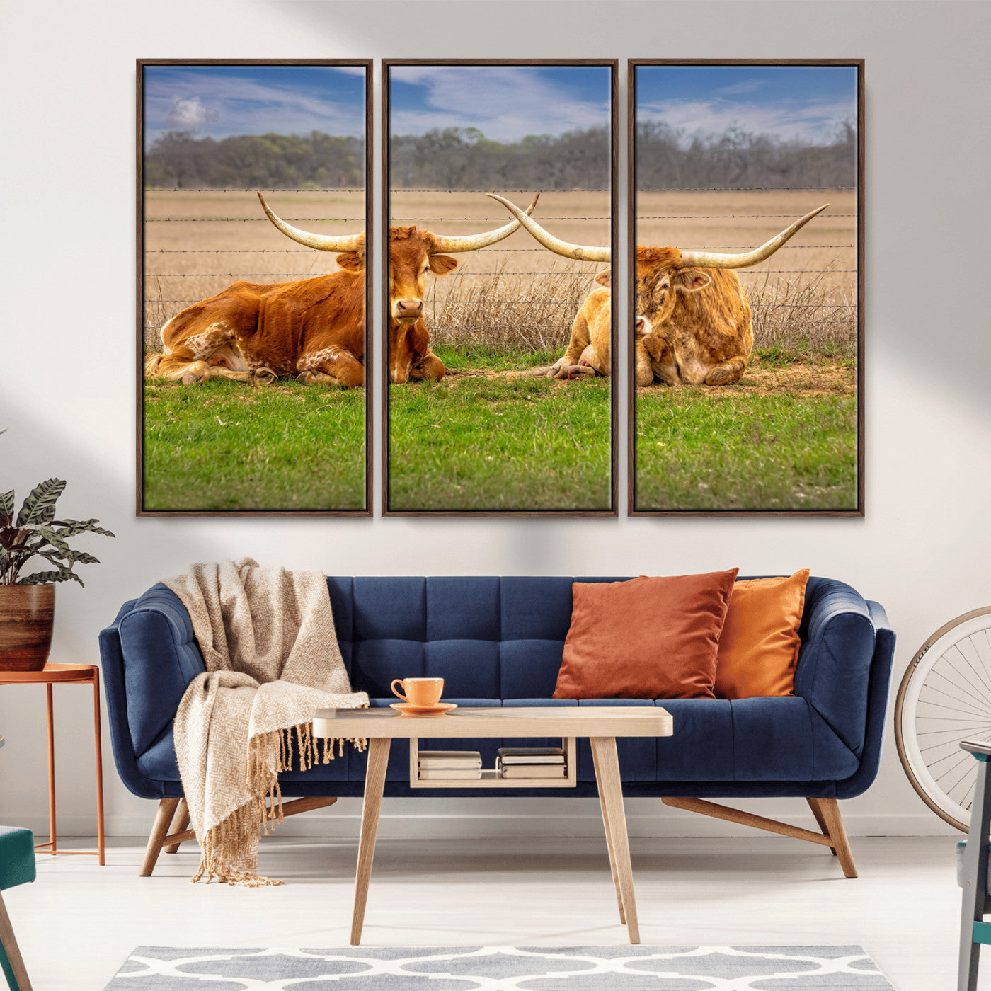 97244565-MGV-CV-36X24-Longhorn Duo Wall Art Canvas Print, Framed Cozy Ranch Vibes Art Picture Print, Western Ranch Decor Perfect Rustic Farmhouse Decor