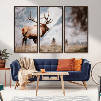 70489411-MGV-FC-48X32-3P_Walnut-Elk Photography Wall Art Canvas Print, Framed Mountain Wildlife Art Picture Print, Rustic Nature Decor Perfect Rustic Lodge Decor