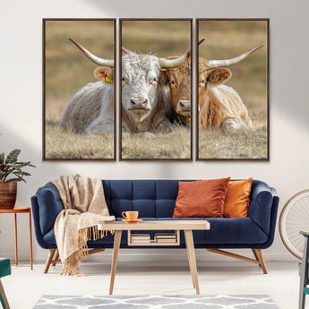 53388593-MGV-FC-48X32-3P_Walnut-Cow Photography Wall Art Canvas Print, Framed Rustic Animal Decor Art Picture Print, Texas Cow Pair Perfect Western Farmhouse