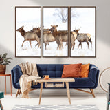 68738684-MGV-FC-48X32-3P_Walnut-Winter Elk Scene Wall Art Canvas Print, Framed Wildlife Photography Art Picture Print, Snowy Deer Decor Perfect Rustic Lodge Decor