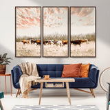 43704663-MGV-FC-48X32-3P_Walnut-Country Cow Herd Wall Art Canvas Print, Framed Farmhouse Cattle Scene Art Picture Print, Rustic Ranch Decor Perfect Rustic