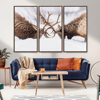 36507609-MGV-FC-48X32-3P_Walnut-Elk Clash Scene Wall Art Canvas Print, Framed Wildlife Strength Decor Art Picture Print, Snowy Forest Elk Perfect Rustic Lodge
