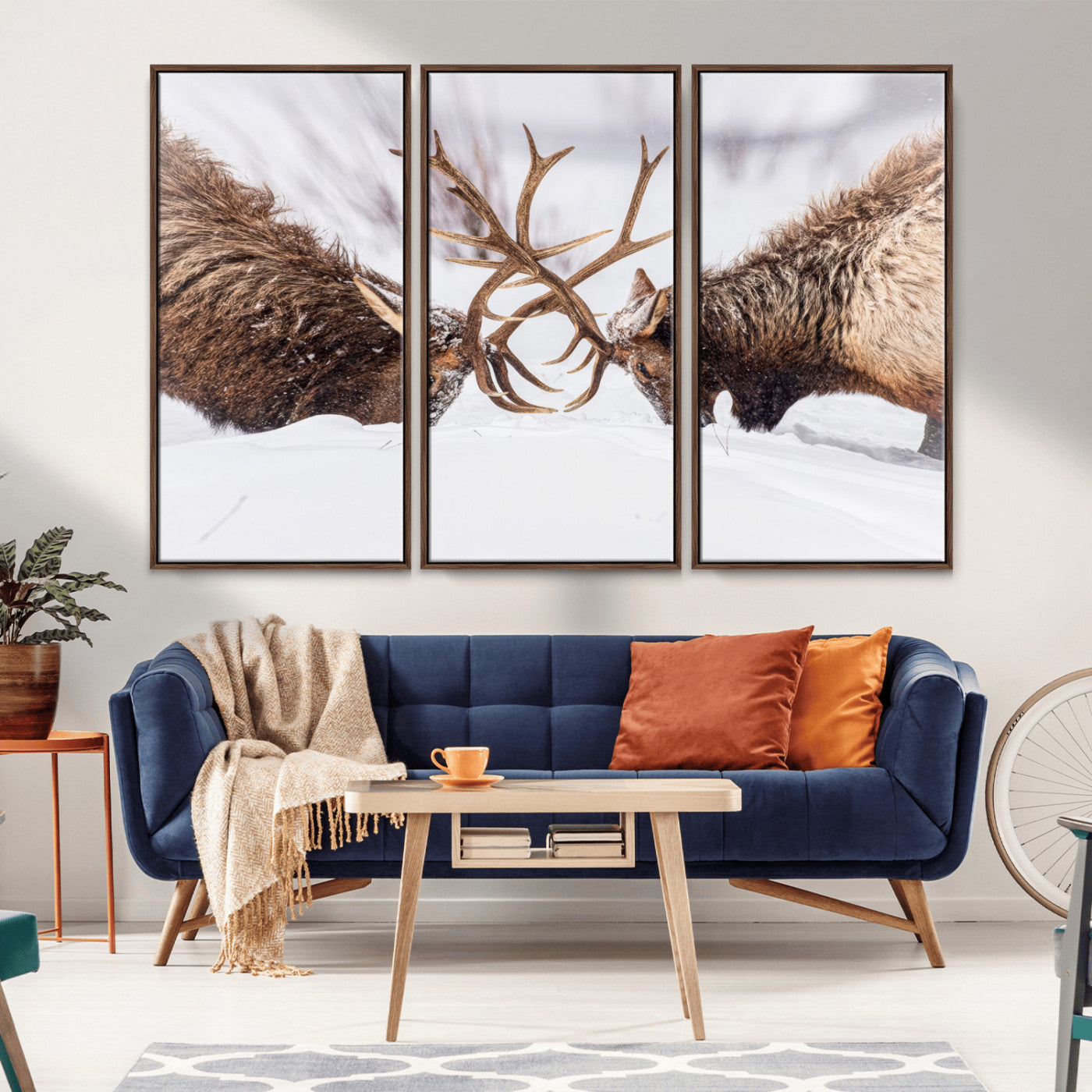 36507609-MGV-CV-36X24-Elk Clash Scene Wall Art Canvas Print, Framed Wildlife Strength Decor Art Picture Print, Snowy Forest Elk Perfect Rustic Lodge