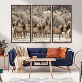 90269422-MGV-CV-36X24-Elk Herd Scene Wall Art Canvas Print, Framed Rustic Wildlife Decor Art Picture Print, Western Cabin Style Perfect Rustic Lodge