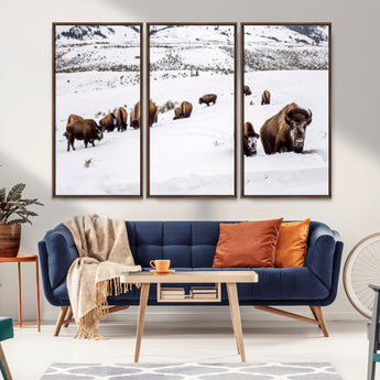 13891210-MGV-FC-48X32-3P_Walnut-Bison Herd Scene Wall Art Canvas Print, Framed Western Wildlife Decor Art Picture Print, Snowy Mountain Valley Perfect Rustic
