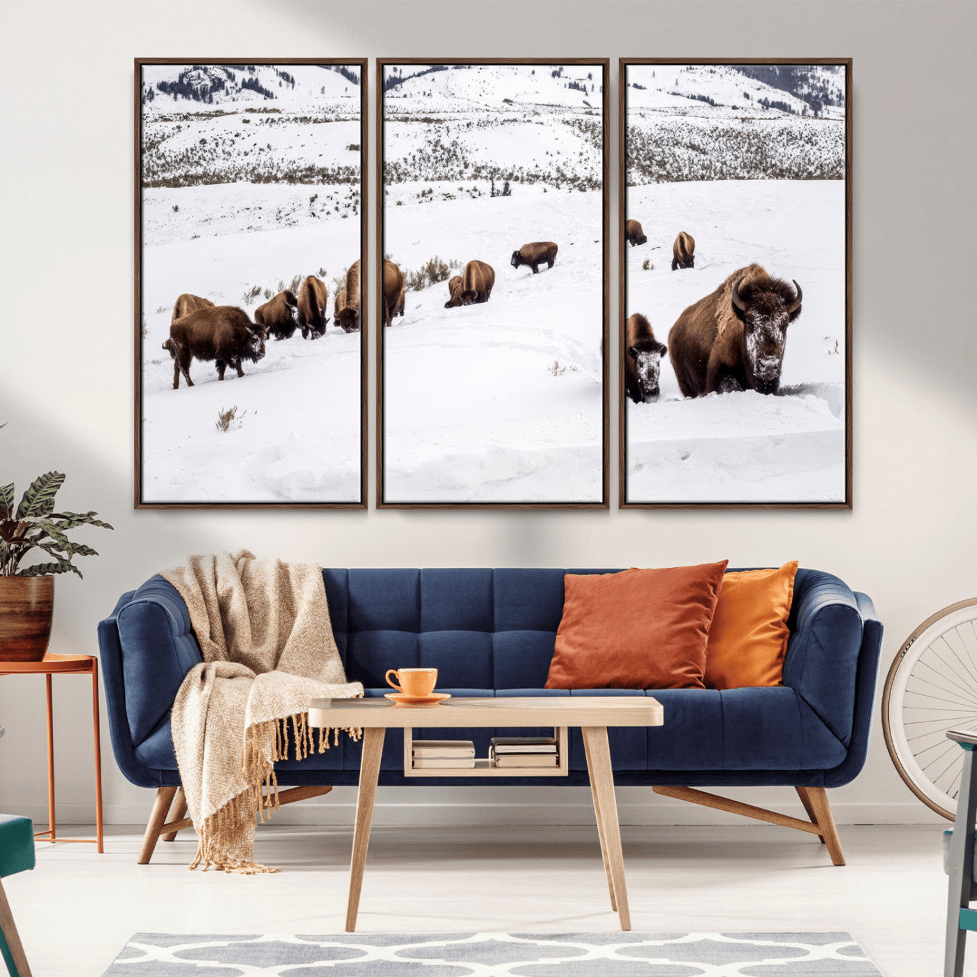 13891210-MGV-CV-36X24-Bison Herd Scene Wall Art Canvas Print, Framed Western Wildlife Decor Art Picture Print, Snowy Mountain Valley Perfect Rustic
