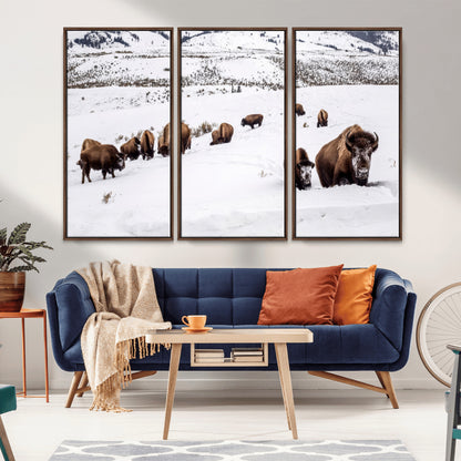 13891210-MGV-CV-36X24-Bison Herd Scene Wall Art Canvas Print, Framed Western Wildlife Decor Art Picture Print, Snowy Mountain Valley Perfect Rustic