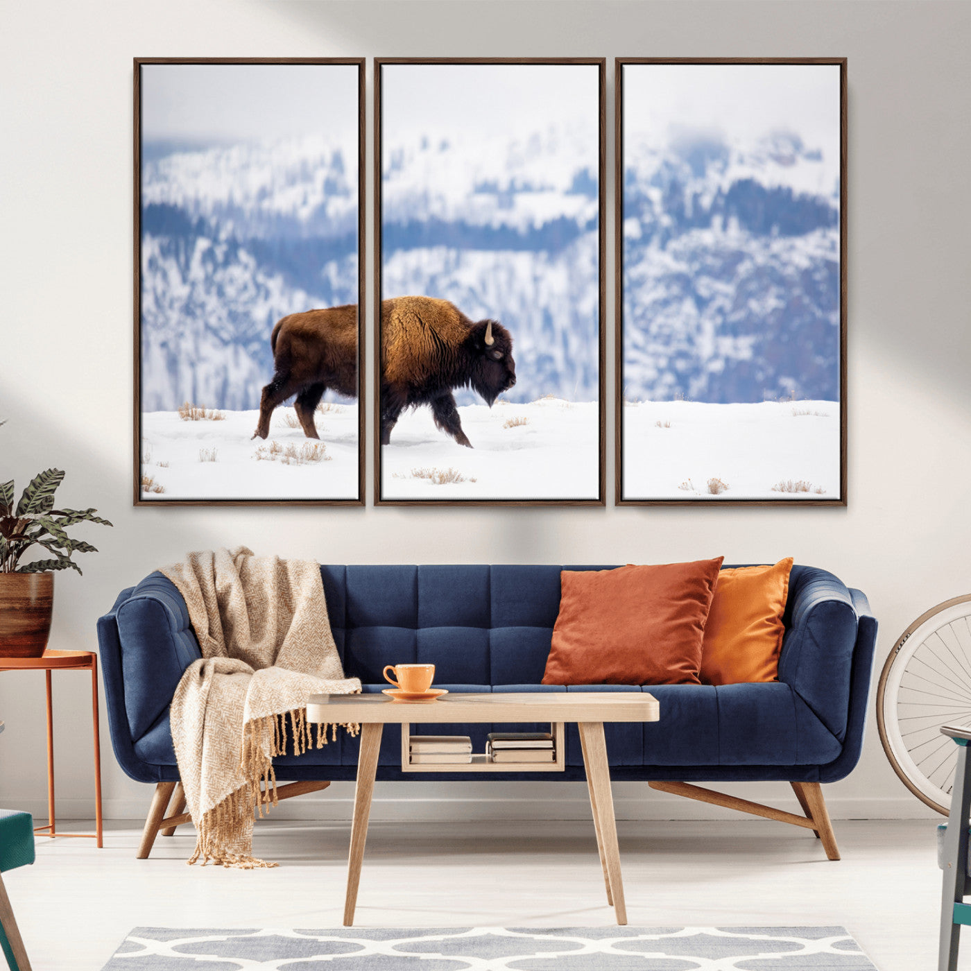 58512275-MGV-FC-48X32-3P_Walnut-Cowboy Aesthetic Wall Art Canvas Print, Framed Neutral Animal Theme Art Picture Print, Bison Ranch Style Perfect Rustic Western