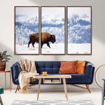 58512275-MGV-FC-48X32-3P_Walnut-Cowboy Aesthetic Wall Art Canvas Print, Framed Neutral Animal Theme Art Picture Print, Bison Ranch Style Perfect Rustic Western