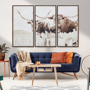 48161868-MGV-FC-48X32-3P_Walnut-Longhorn Cow Decor Wall Art Canvas Print, Framed Rustic Cattle Art Picture Print, Sepia Western Vibe Perfect Neutral Rustic