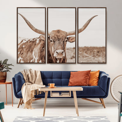 77810049-MGV-FC-48X32-3P_Walnut-Longhorn Bull Photo Wall Art Canvas Print, Framed Rustic Cow Decor Art Picture Print, Neutral Farmhouse Style Perfect Rustic