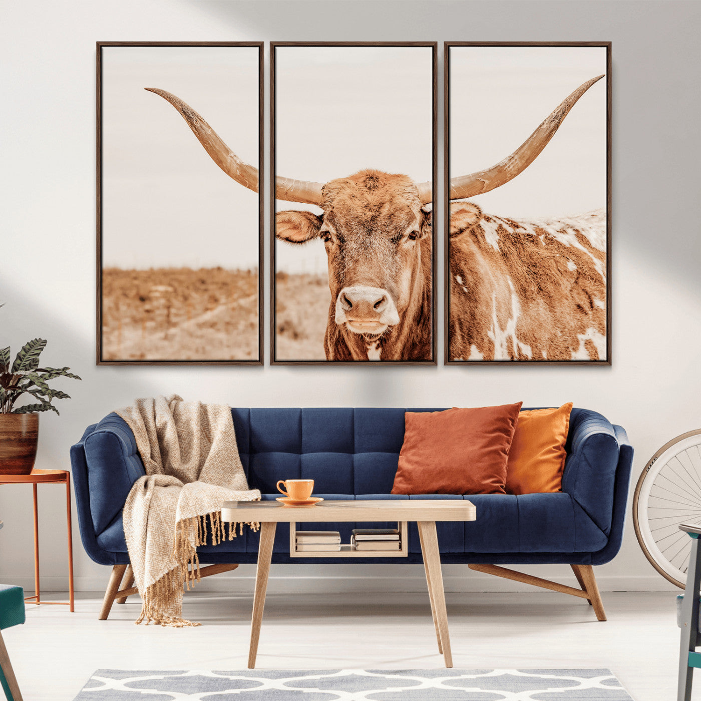 74406977-MGV-CV-36X24-Longhorn Bull Decor Wall Art Canvas Print, Framed Western Cow Theme Art Picture Print, Rustic Farmhouse Wall Perfect Neutral