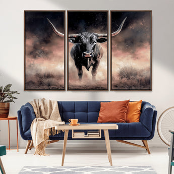 71457818-MGV-CV-36X24-Longhorn Wall Art Wall Art Canvas Print, Framed Western Bull Canvas Art Picture Print, Rustic Cow Decor Perfect Western Dramatic