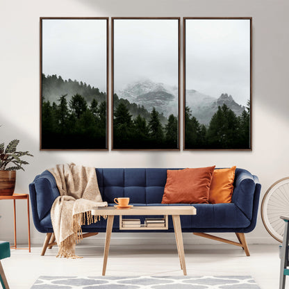 55968349-MGV-CV-36X24-Misty Mountains Wall Art Canvas Print, Framed Foggy Forest Art Picture Print, Snowy Peaks Perfect Moody Wilderness Decor Artwork