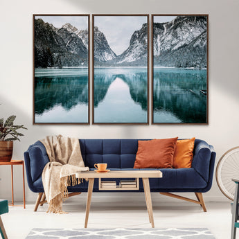 73098373-MGV-CV-36X24-Mountain Lake Wall Art Canvas Print, Framed Winter Wonderland Art Picture Print, Snowy Peaks Perfect Modern Nature Decor Artwork