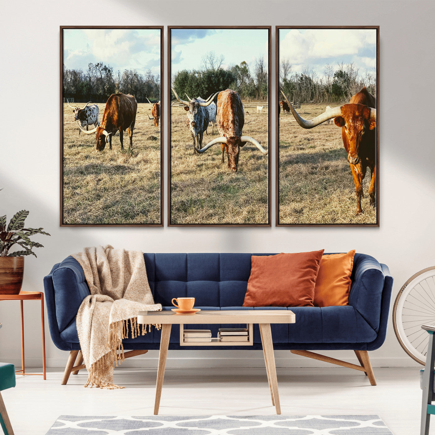 39144651-MGV-CV-36X24-Texas Longhorns Wall Art Canvas Print, Framed Rustic Farm Scene Art Picture Print, Western Cattle Perfect Rustic Farmhouse Decor
