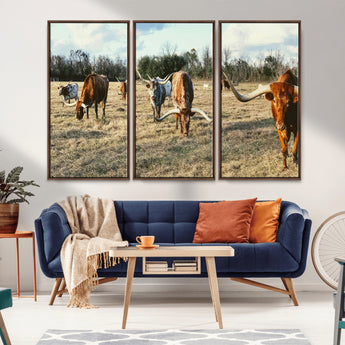 39144651-MGV-CV-36X24-Texas Longhorns Wall Art Canvas Print, Framed Rustic Farm Scene Art Picture Print, Western Cattle Perfect Rustic Farmhouse Decor