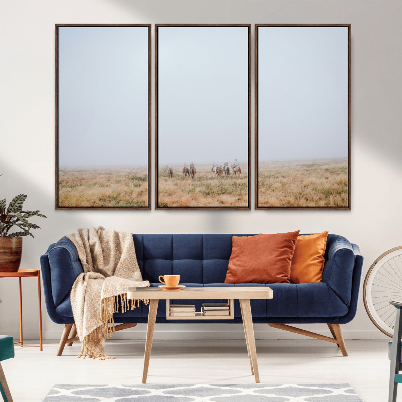 14761944-MGV-CV-36X24-Foggy Plains Wall Art Canvas Print, Framed Horseback Riders Art Picture Print, Rustic Western Perfect Rustic Western Decor Artwork