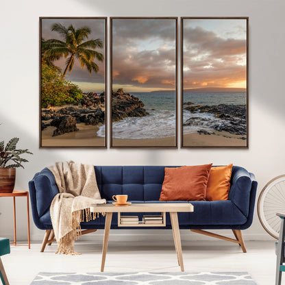 55108220-MGV-CV-36X24-Tropical Beach Wall Art Canvas Print, Framed Hawaiian Sunset Art Picture Print, Ocean Waves Perfect Coastal Tropical Decor Artwork