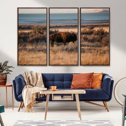 39509187-MGV-CV-36X24-Western Wildlife Wall Art Canvas Print, Framed Bison Art Picture Print, Golden Hour Perfect Western Rustic Decor Artwork