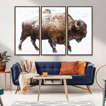 94261165-MGV-CV-36X24-Snowy Buffalo Wall Art Canvas Print, Framed Wildlife Photography Art Picture Print, Brown Tones Perfect Rustic Lodge Decor Decor