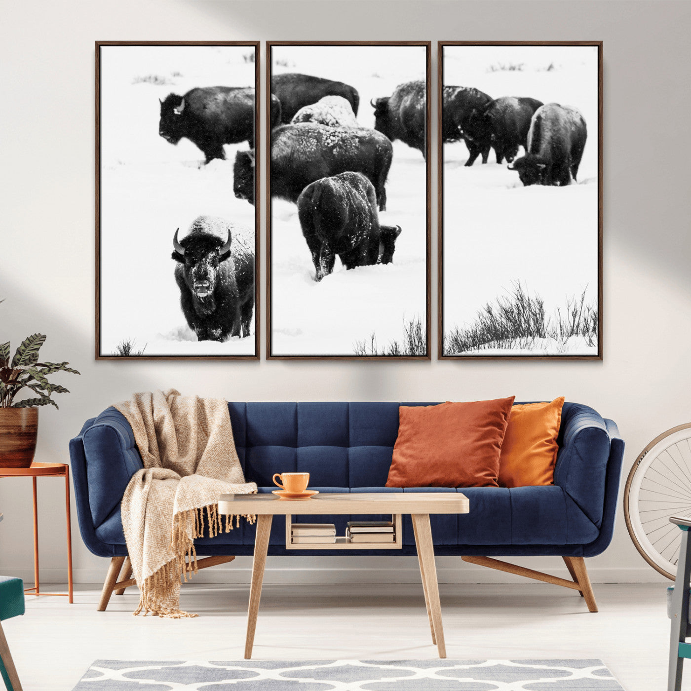 18914414-MGV-CV-36X24-Buffalo Herd Wall Art Canvas Print, Framed Black and White Art Picture Print, Snowy Landscape Perfect Rustic Lodge Decor Decor