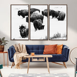 18914414-MGV-CV-36X24-Buffalo Herd Wall Art Canvas Print, Framed Black and White Art Picture Print, Snowy Landscape Perfect Rustic Lodge Decor Decor