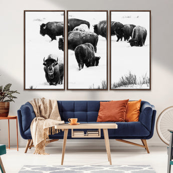 18914414-MGV-CV-36X24-Buffalo Herd Wall Art Canvas Print, Framed Black and White Art Picture Print, Snowy Landscape Perfect Rustic Lodge Decor Decor