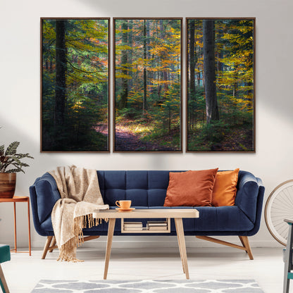 65810864-MGV-CV-36X24-Autumn Forest Wall Art Canvas Print, Framed Fall Woodland Art Picture Print, Golden Leaves Perfect Rustic Farmhouse Decor Artwork