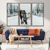 13316292-MGV-CV-36X24-Moose in Snow Wall Art Canvas Print, Framed Winter Wildlife Art Picture Print, Snowy Forest Scene Perfect Rustic Lodge Decor