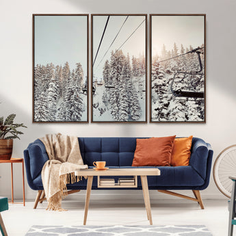 91534512-MGV-CV-36X24-Frosty Pines Wall Art Canvas Print, Framed Cozy Cabin View Art Picture Print, Ski Lift Ride Perfect Rustic Lodge Decor Artwork
