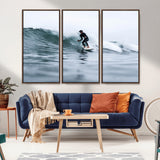 11693607-MGV-CV-36X24-Surfer on Wave Wall Art Canvas Print, Framed Ocean Adventure Art Picture Print, Motion Blur Water Perfect Coastal Adventure Decor