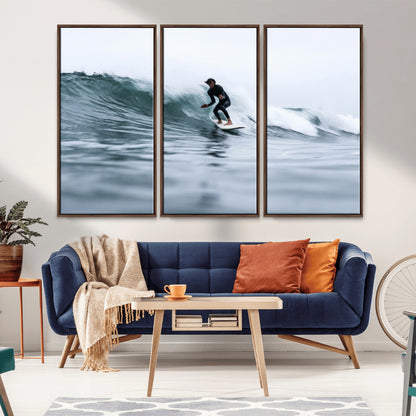 11693607-MGV-CV-36X24-Surfer on Wave Wall Art Canvas Print, Framed Ocean Adventure Art Picture Print, Motion Blur Water Perfect Coastal Adventure Decor