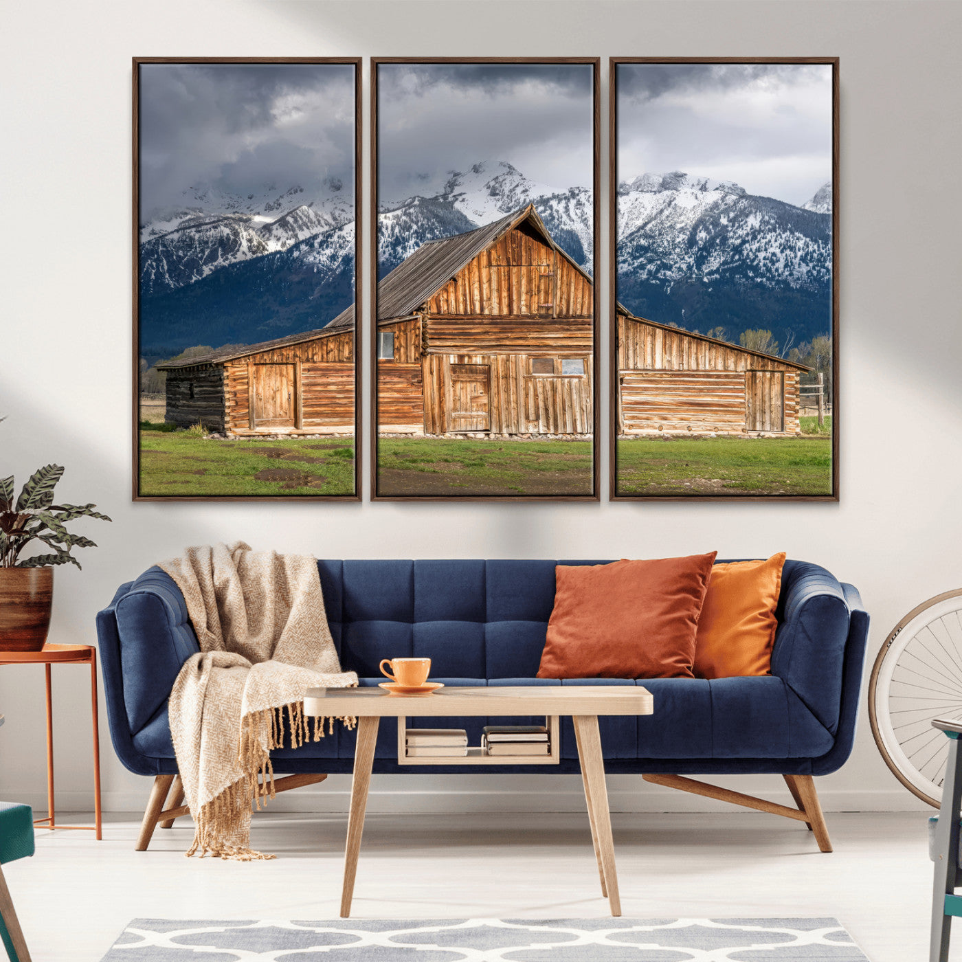 15173627-MGV-CV-36X24-Barn Wall Art – Rustic Wooden Cabin Canvas Print with Snowy Mountain Landscape, Western Farmhouse Country Decor for Living Room,